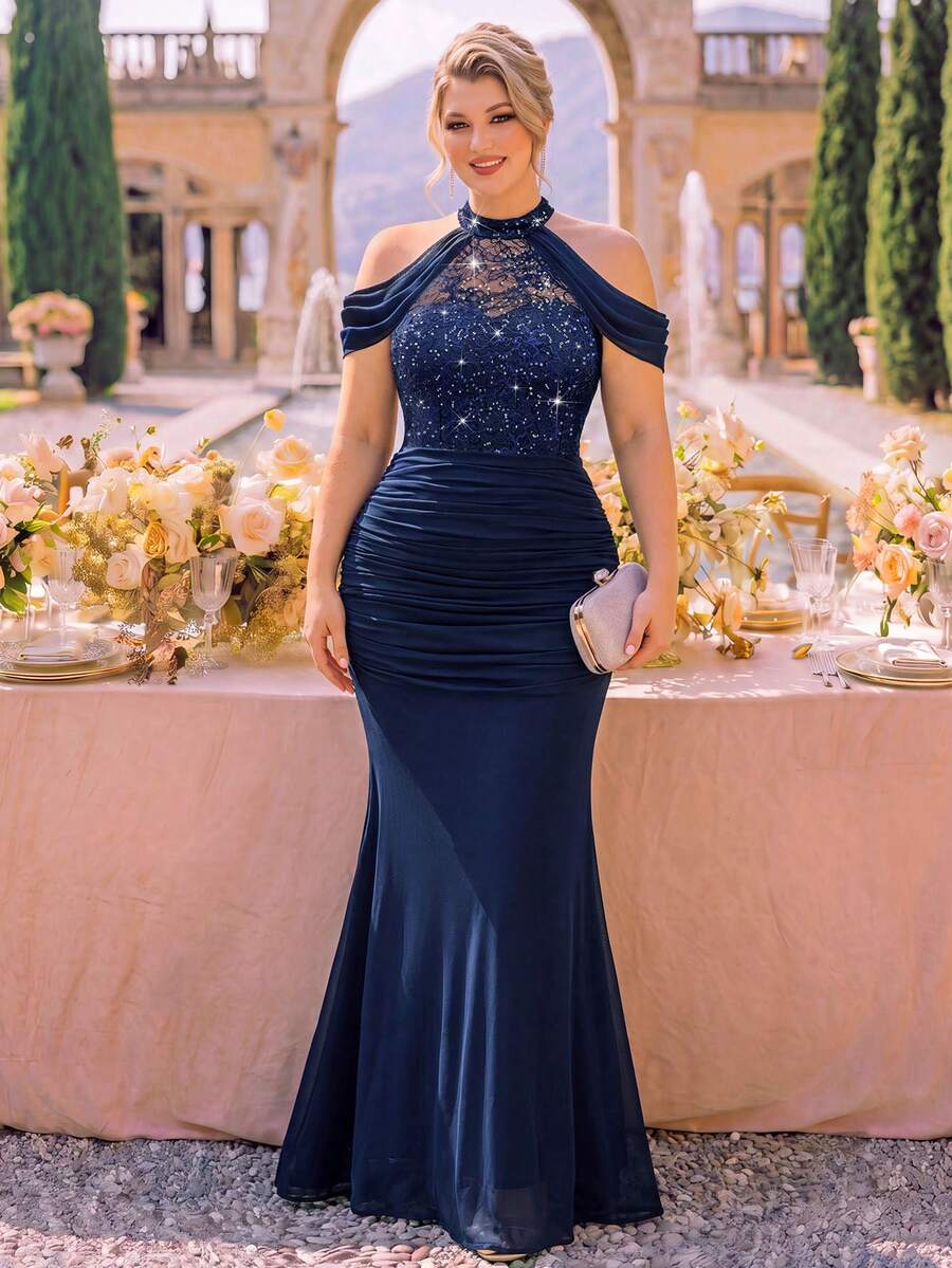 Plus Size Cold Shoulder Sequin Floral Lace Halter Neck Ruched Mermaid Hem Formal Party Long Dress, Suitable For Wedding Guest, Evening Gala, Mother Of The Groom - Navy Blue - View 1
