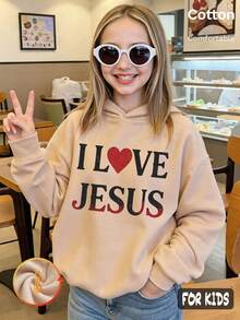 Autumn Girls Y2K Hoodie With I LOVE JESUS Print And Red Heart Design, White Long Sleeve Cotton Pullover - Apricot - View 1