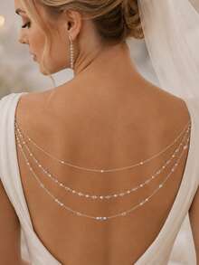 1pc Multi-Layer Tassel Back Chain Rhinestone Body Chain, Luxury High-End Wedding Accessory For Women - Rhinestone - View 1