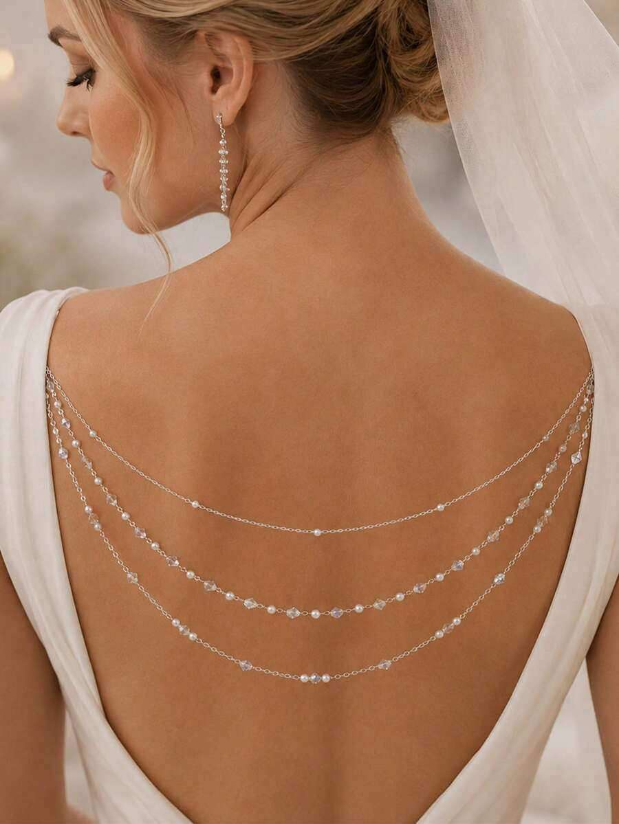 1pc Multi-Layer Tassel Back Chain Rhinestone Body Chain, Luxury High-End Wedding Accessory For Women - Rhinestone - View 1