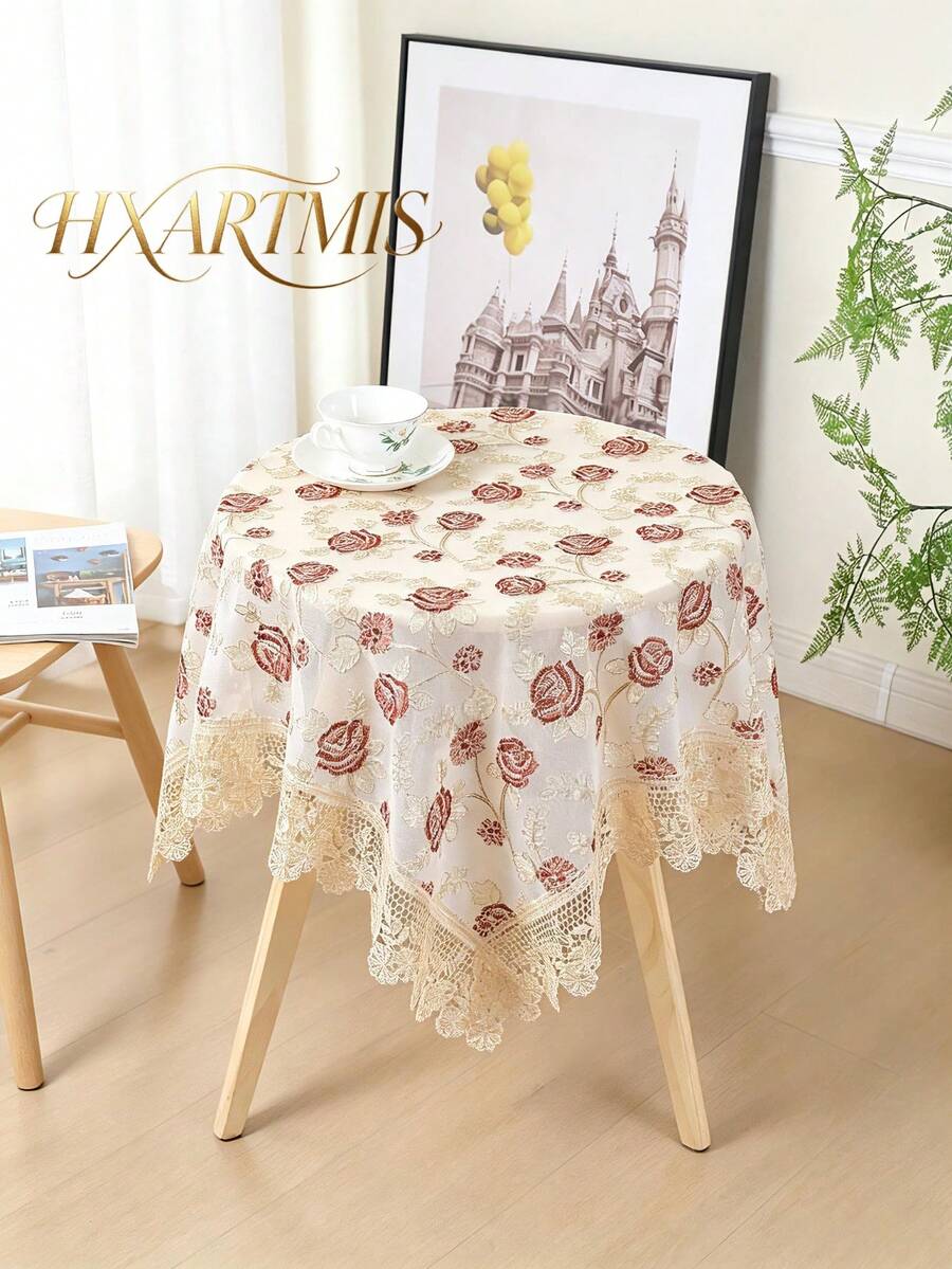 HXARTMIS 1pc French Vintage Rose Embroidered Lace Tablecloth, Hollow Lace Trim Square Dining Table Cover, Suitable For Dining Table, Coffee Table, Home Decor - Red - View 1