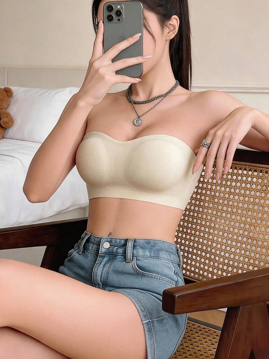 Dreamivo 女款無縫無線無肩帶平口內衣,側邊交叉勾扣式抹胸上衣,柔軟襯墊,透氣舒適日常內衣 - 咖啡棕 - 查看 1