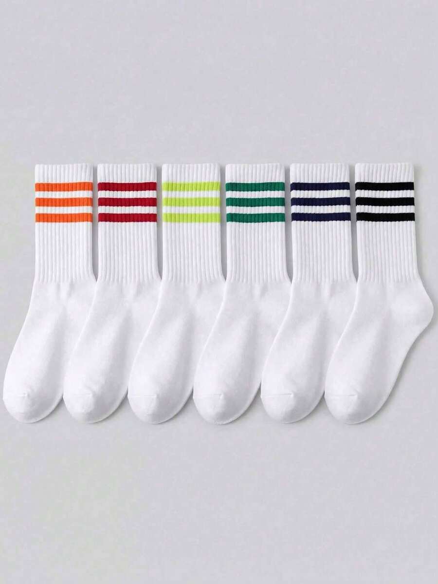 1/6/12 Pairs Women's Mid-Calf Socks, Multi-Color Three-Stripe Cuff Decor, Breathable & Moisture-Wicking, Mid-Calf Sports Socks, Suitable For Daily, Autumn/Winter, Holiday - Multicolor - View 1
