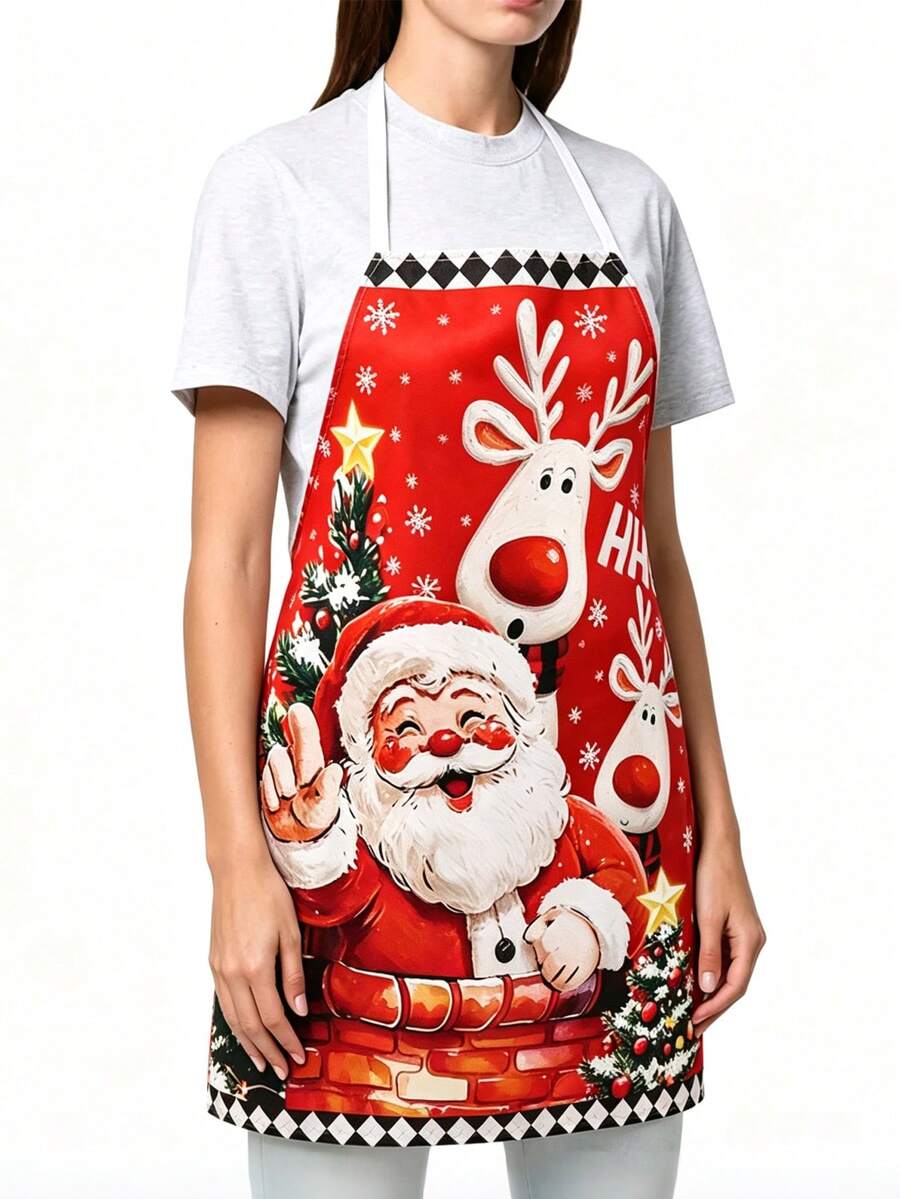 1pc Festive Christmas Apron - Cute Santa Claus&Reindeer Design, Polyester Holiday Decorative Apron, Suitable For Home Kitchen Baking, And Restaurant Servers, Christmas Kitchen Decor, Cooking Accessories, Christmas Decorations - Multicolor - View 1