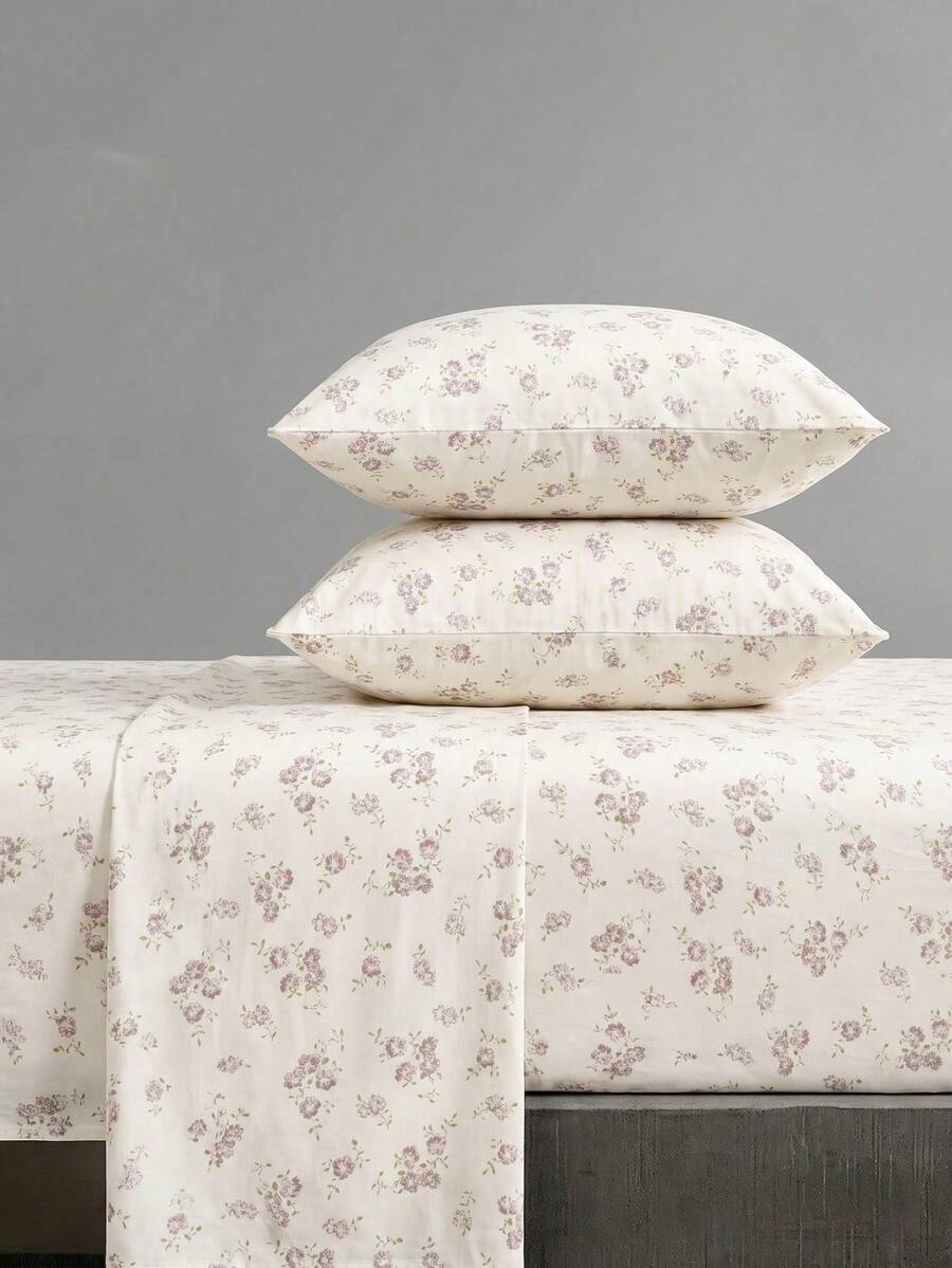 4-Piece Light Purple Floral Pattern Bedding Set, Easy-Care Soft Bedding Set, Fitted Sheet Set (1 Flat Sheet + 1 Fitted Sheet + 2 Pillowcases), Fitted Sheet Set, Suitable For King, Queen, Full, Twin Sizes, Deep Pocket Design, Pillowcases Up To 11.8 Inches, Soft And Breathable, Wrinkle-Resistant, Back To School Dorm Bedding - Beige - View 1