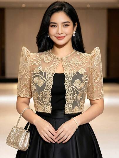 Kelebek Kollu, Nakışlı Düğmeli Modern Filipiniana Bluz, Kadın Hırka Üst