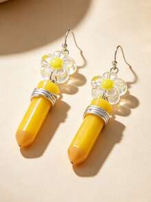 1 Pair Fashionable Minimalist Creative Bow Pencil Pendant Earrings, Suitable For Women's Daily And Vacation Wear - Yellow - View 3