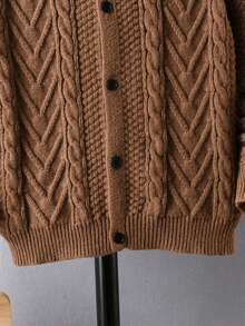 Boys' College Style Solid Khaki Cable Knit Cardigan Sweater With Turn-Down Collar And Raglan Sleeves, Suitable For School Daily Casual Wear In Spring, Autumn And Winter - Brown - View 8