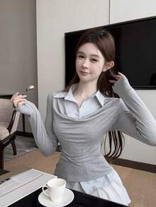 Korean Style Elegant Versatile 2 In 1 Cowl Neck Slimming Casual Long Sleeve T-Shirt Top - Grey - View 3