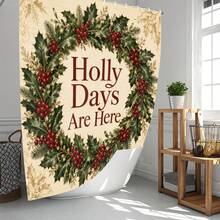 1pc/4pcs Christmas Vintage Holly Wreath Multi-Functional Bathroom Decor Shower Curtain Set, Free 12 Hooks, Premium Holiday Atmosphere, Bathroom Mat, U-Shaped Rug And Round Toilet Lid Cover, Suitable For All Christmas Scenes Decoration - Holly Wreath - View 2