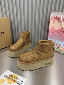 Y2K Hot Girl Style Women's Short Snow Boots With Foldable Shaft And Metal Snap Button Decor, Suitable For Winter Parties, Gatherings, Daily Streetwear, Height-Increasing Warm Ankle Boots - Ginger Yellow - View 4