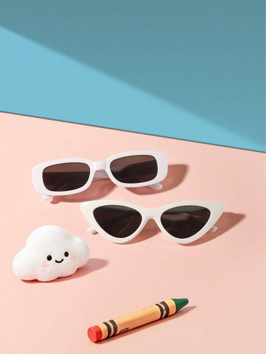 1set 2pcs Kids 3‑8Y Rectangle & Cat‑Eye PC Stylish Glasses, Solid White Frame, Retro Eyewear For Summer Party Daily Wear With Glasses Box - Multicolor - View 1