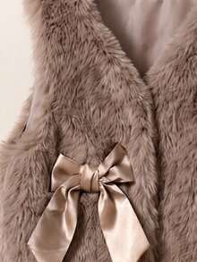Baby Girl Autumn/Winter 3 Pieces Set: Plush Vest, Satin Bow Fur Vest, Semi-High Neck Base Layer Top, Pleated Skirt - Khaki - View 4