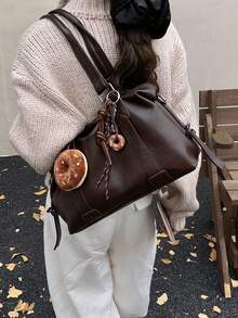 Nicekee Casual And Stylish Large Capacity Handbag With Pendant, Retro And Simple Solid Color Shoulder Bag, Suitable For Commuting Shopping - Coffee - View 2
