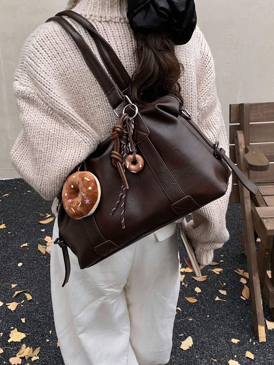Nicekee Casual And Stylish Large Capacity Handbag With Pendant, Retro And Simple Solid Color Shoulder Bag, Suitable For Commuting Shopping