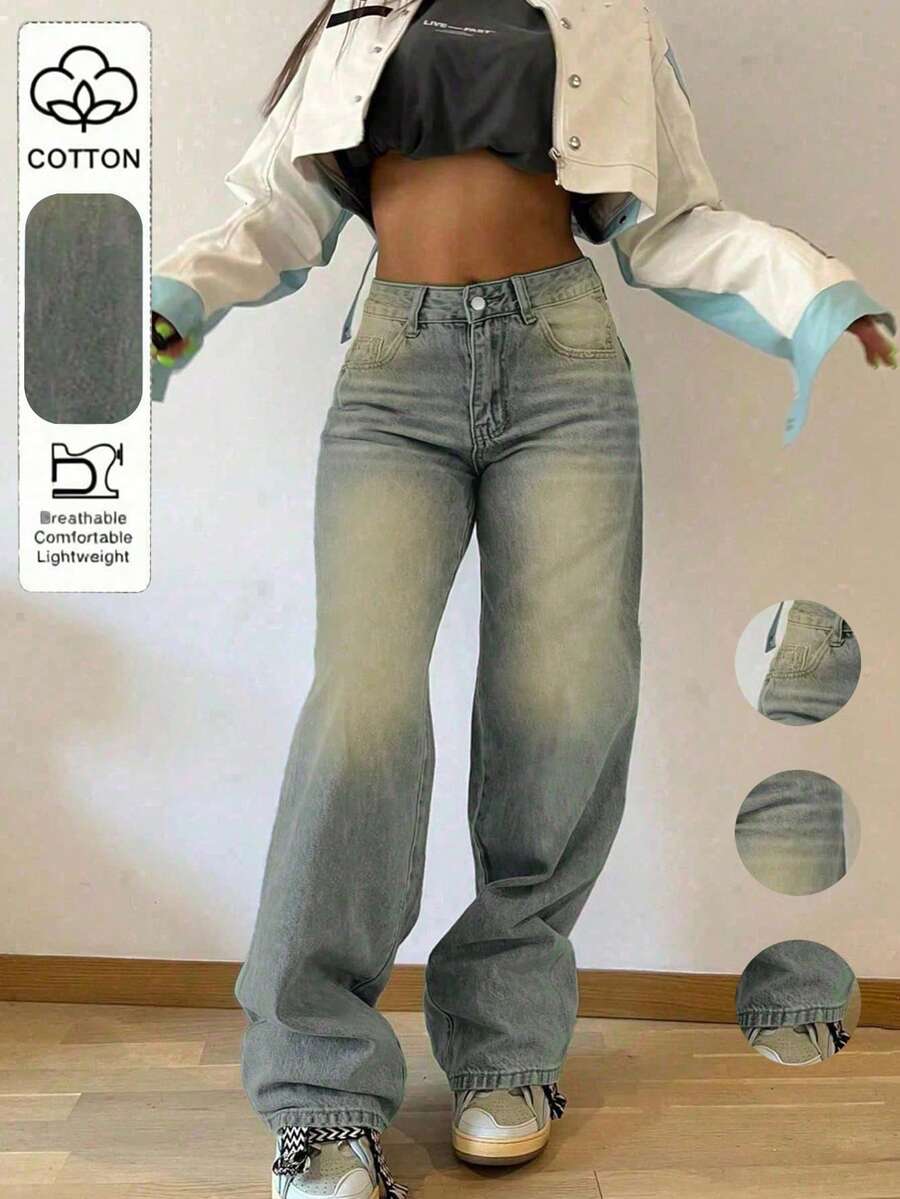 Women's Casual Loose Straight Leg Jeans With Pockets Fall - Retro - View 1