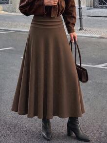 Women's Solid Color Ruched Waist Casual Commute Skirt - Brown - View 2