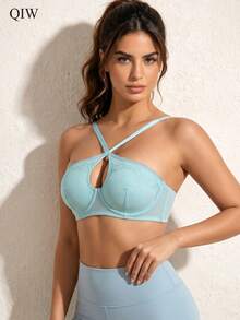 1pc Women's Halter Neck Lace Back Hook Bra, No Padding, Underwire, Adjustable Shoulder Straps Lingerie - Baby Blue - View 6
