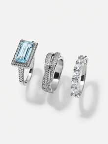 3pcs Vintage Navy Blue Personalized Rings, Silver Tone Multi-Layer Zirconia Halo Design, Emerald Cut Craftsmanship, Art Deco Style Design, Suitable For Bridal Wear And Special Occasion Matching - Silver - View 6