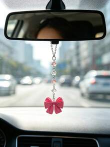 1pc Pink Bow Car Rearview Mirror Hanging Ornament, Cute‑Style Girly Heart Interior Car Decor Pendant, Car Hanging Accessory - A - View 6