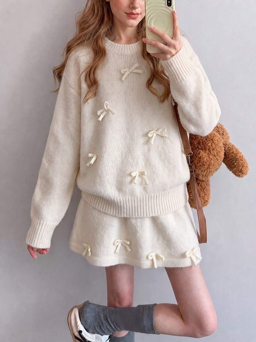 Women's New Comfortable Cream-Colored Knitted Sweater And Skirt Set, Decorated With Bows, Perfect For Winter Home Leisure Wear - White - View 1