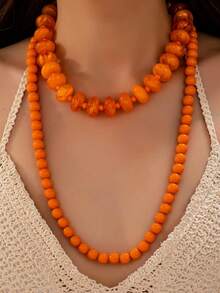 OABE 2pcs/Set Bohemian Style Orange Beaded Necklace Set, Long And Short Layered Necklaces For Women's Daily Wear - Orange - View 2