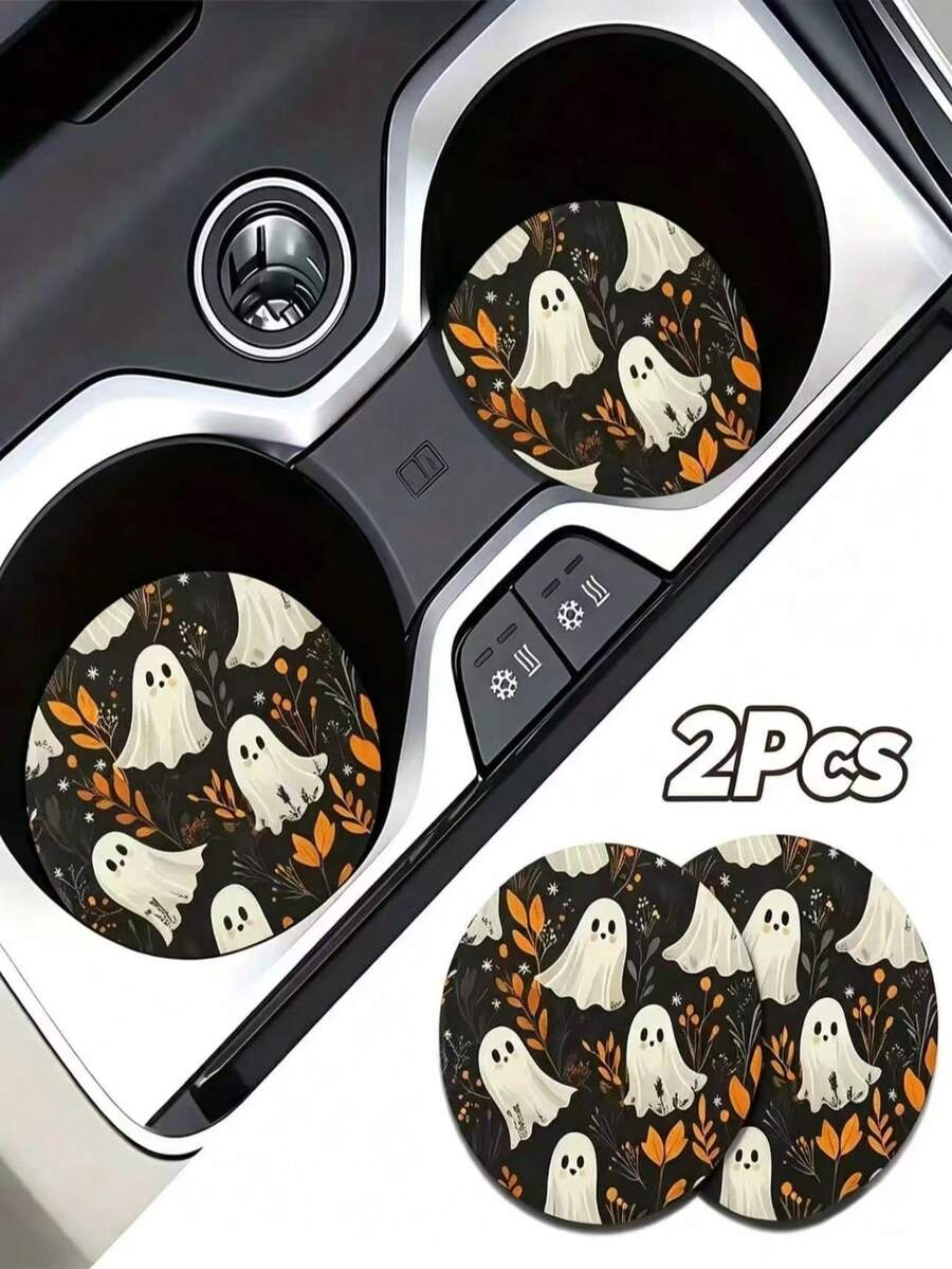 2pcs Halloween Themed Car Cup Holder Coasters, PU Leather And Rubber Material, Suitable For Multiple Car Models And All Seasons Interior Decoration Accessories, Perfect Choice For Halloween - A - View 1