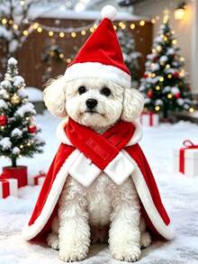 1 Set/3 Pieces Christmas Dog Costume Set, Pet Christmas Hat, Cape And Scarf, Soft Plush Holiday Outfit, Adjustable Christmas Accessories, Suitable For Small And Medium Dogs, Christmas Party Photo Props - Multicolor - View 4