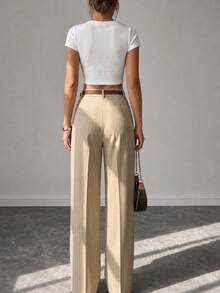 Women's High Waist Pinstripe Wide Leg Pants, Casual Commute Suit Trousers - Khaki - View 4
