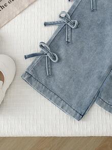 Autumn/Winter Baby Girl Cute Casual Versatile Bowknot Decor Waffle Knit Long Sleeve Top & Elastic Waist Washed Denim Wide Leg Pants Outfit For Outing And Commuting - Light Grey - View 9