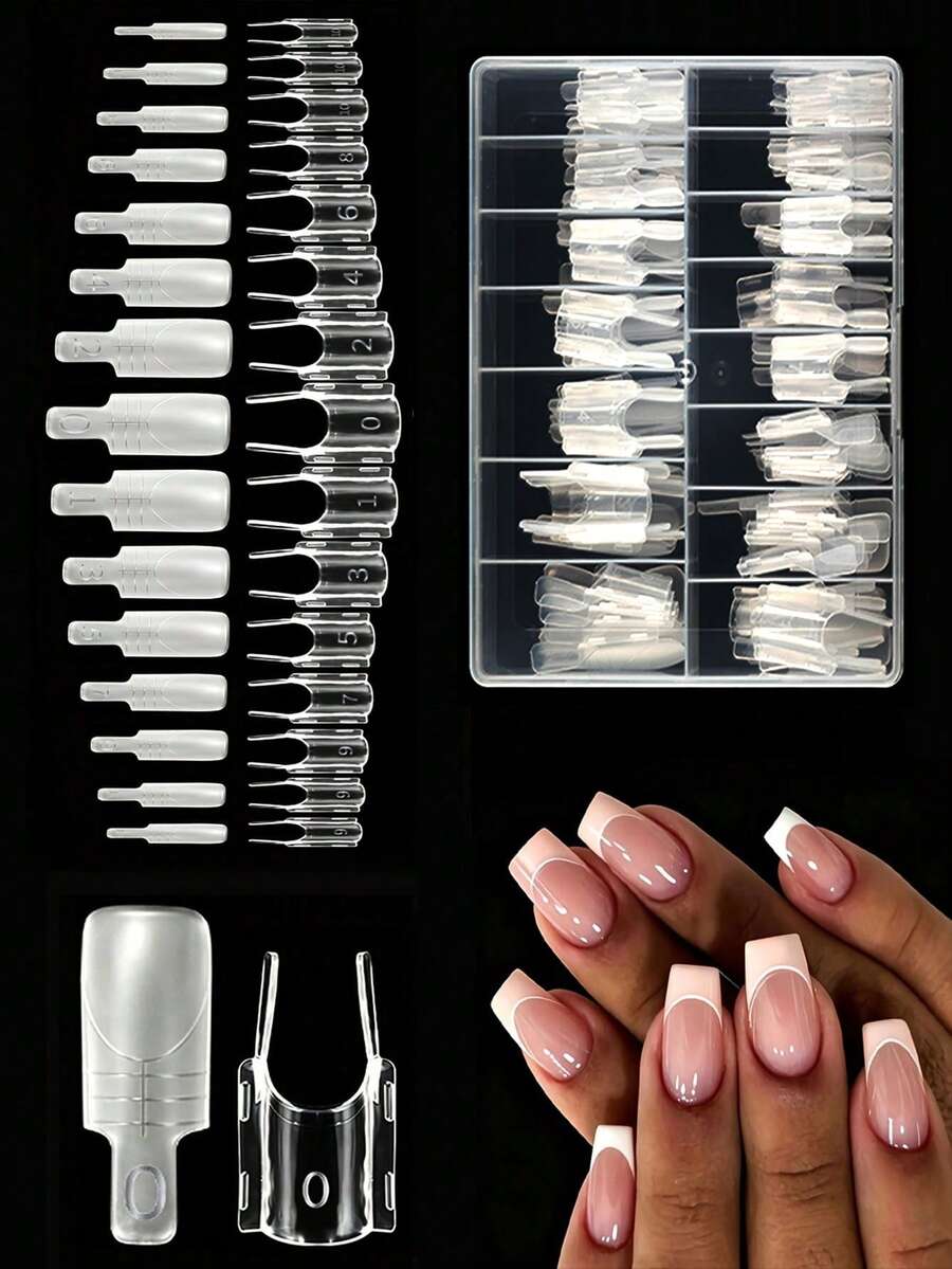 120片火箭三明治新款短方型半啞光半透明美甲延長甲片，短方型，新增手柄設計，居家DIY美甲沙龍，無需固定夾，無需凝膠疊層，女性美甲延長工具