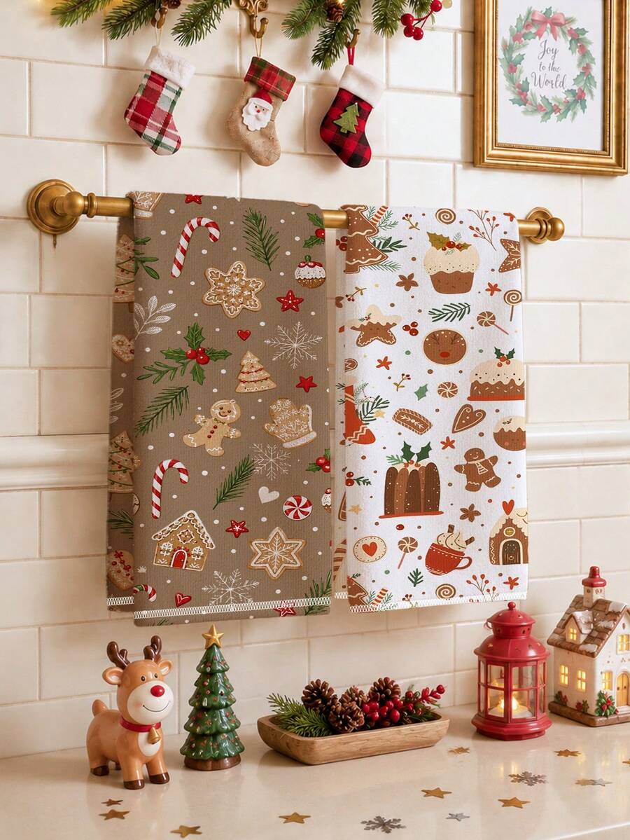2pcs Christmas Gingerbread Man Cake Pattern Kitchen Towels, Soft Polyester Dish Cloths, Suitable For Kitchen Decor, Kitchen Cleaning, Holiday Party Decoration, Kitchen Bathroom Supplies Home Essentials, Home Decor, Housewarming Gift - Multicolor - View 1