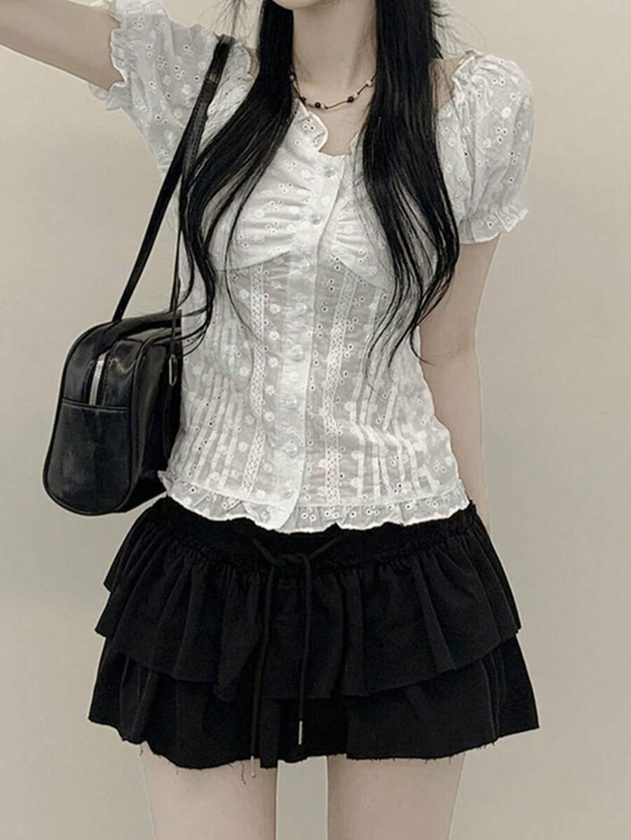 YCYC 韓式風格寬鬆設計半透花卉紋理女款鈕扣短袖休閒襯衫 白色 - 白色 - 查看 1