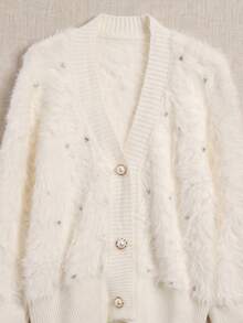 Autumn/Winter Elegant Fashion Rhinestone Decor Faux Fur Cardigan - White - View 8
