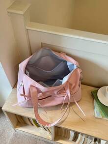 Travel Luggage Bag With Bow Embroidery And Embossed Logo Decor, Layered Storage For Clothes And Personal Items, Zipper Closure, Minimalist Soft Style Handheld Travel Bag, Suitable For Short Trips, Business Travel, Fitness, And Outings, Large Capacity Lightweight Shoulder Crossbody Bag - Pink - View 7