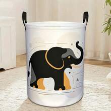 1pc Elephant Print Round Canvas Laundry Basket With Handle, Geometric Pattern Foldable Storage Bin Organizer For Clothes Toys Bedroom Bathroom Home Decor Container - Black and White - View 1