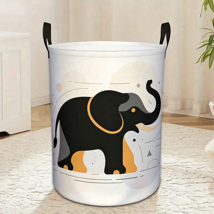 1pc Elephant Print Round Canvas Laundry Basket With Handle, Geometric Pattern Foldable Storage Bin Organizer For Clothes Toys Bedroom Bathroom Home Decor Container - Black and White - View 1