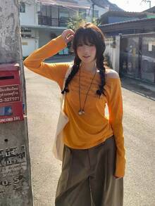 韓式休閒不對稱肩印花長袖秋季不對稱領字母修身女款上衣 - 橘色 - 查看 5