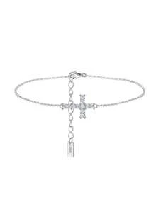 MOUSHEENIA Shiny Rectangular Cut Moissanite Cross Pendant Bracelet, 925 Sterling Silver Adjustable Delicate Horizontal Cross Chain Religious Jewelry For Women - Cross - View 10