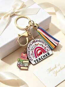 1pc Teacher Theme Keychain, Rainbow Leopard Print Wooden Pendant With Book Charm And Colorful Tassel, Portable Key Ring Accessory, Suitable For Car Keys And Bag Decoration, Ideal Thank You Gift For Educators On Teacher's Day, Back To School And Holidays - Multicolor - View 7