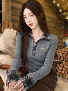 Atasan Dalaman Wanita 2 In 1 Motif Kotak-kotak Patchwork Kerah Polo Merah Lengan Panjang Bahan Halus Potongan Slim Fit - Grey - View 4