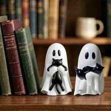 Cute Halloween Ghost-Shaped Black Cat Figurine, 3.5 Inches (Mini Size), Resin Material, Suitable For Multi-Layer Tray Decoration, Aesthetic Shelf Display Or Desktop Ornament; Also An Ideal Gift For Cat Lovers, Halloween Decor Figurine, Halloween Gift - Halloween B - View 1