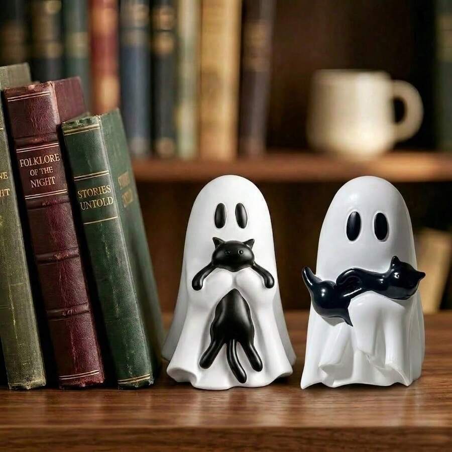 Cute Halloween Ghost-Shaped Black Cat Figurine, 3.5 Inches (Mini Size), Resin Material, Suitable For Multi-Layer Tray Decoration, Aesthetic Shelf Display Or Desktop Ornament; Also An Ideal Gift For Cat Lovers, Halloween Decor Figurine, Halloween Gift - Halloween B - View 1