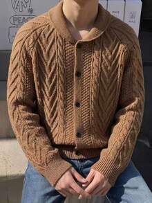 Boys' College Style Solid Khaki Cable Knit Cardigan Sweater With Turn-Down Collar And Raglan Sleeves, Suitable For School Daily Casual Wear In Spring, Autumn And Winter - Brown - View 2