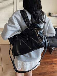 1件復古大容量手提包，復古PU材質單肩斜挎包，女款休閒托特包與錢包，新款女式托特包，適合辦公室、學校、學生、返校、工作、商務活動、通勤、戶外活動、旅行與出遊，折疊出貨 - 黑色 - 查看 4