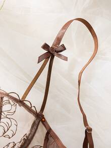 1 Set Of 2 Pieces Dark Brown Floral Embroidered Lace Lingerie Set With Bow Decoration Shoulder Strap - Coffee Brown - View 6