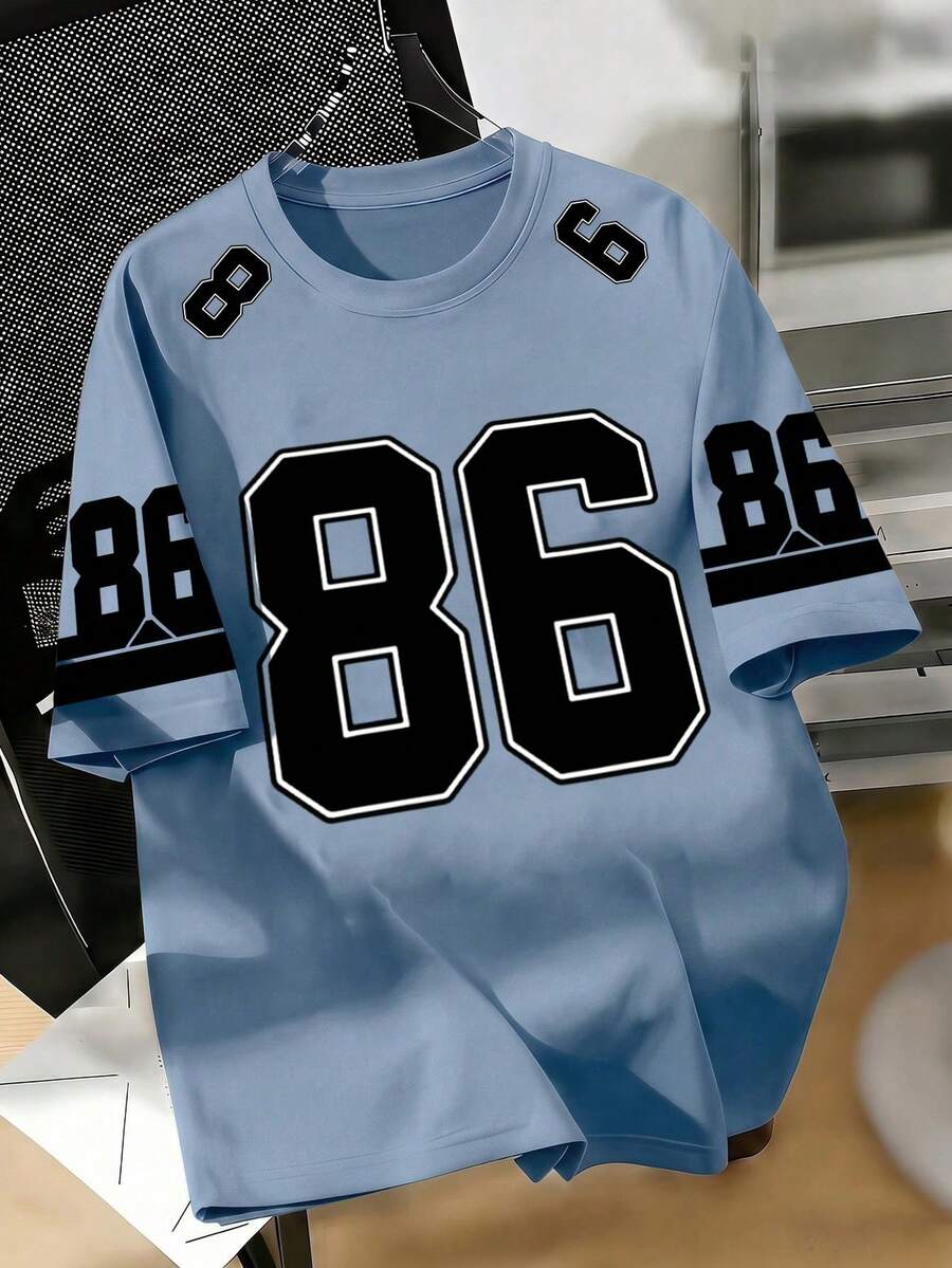 Men's Graphic T-Shirt, Number 86, Loose Fit Comfortable, Suitable For Daily Casual, Sports, Campus Activities, Polyester Fiber Durable And Quick-Drying