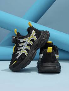 Children's Black & Yellow Colorblock Mesh Rotating Buckle Sports Shoes, Casual Style, Suitable For Spring/Autumn School And Outdoor Walking - Black - View 4