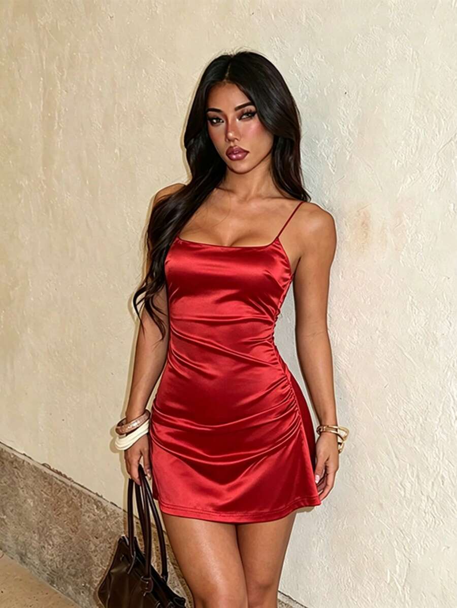 1pc Solid Color Sexy Knitted Fabric Sleeveless Dress Summer Beach - Red - View 1