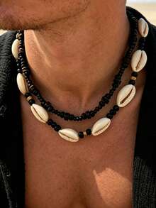 2 buah Kalung Manik-Manik Kayu Bohemian Berlapis-lapis Gaya Liburan Pantai Vintage untuk Pria, Rantai Leher Berlapis, Aksesori Pantai yang Dipersonalisasi, Hadiah - Perak - View 6